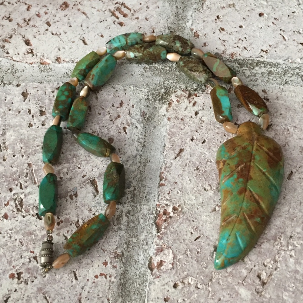 Carved Turquoise Feather Necklace